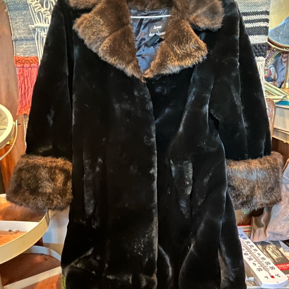 Dennis Basso Black and Brown Faux Fur Coat jacket medium M thick plush like new